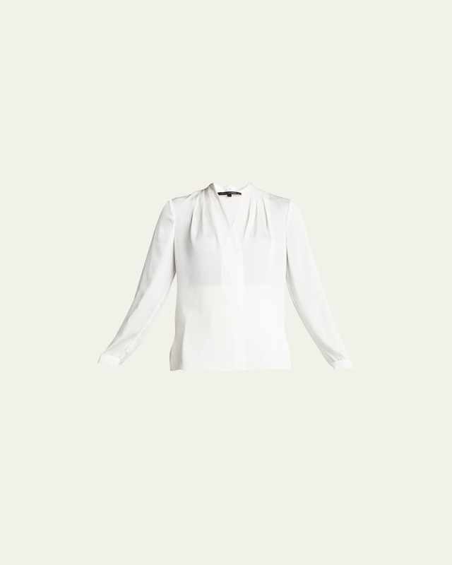 Nellie Pleated V-Neck Long-Sleeve Blous